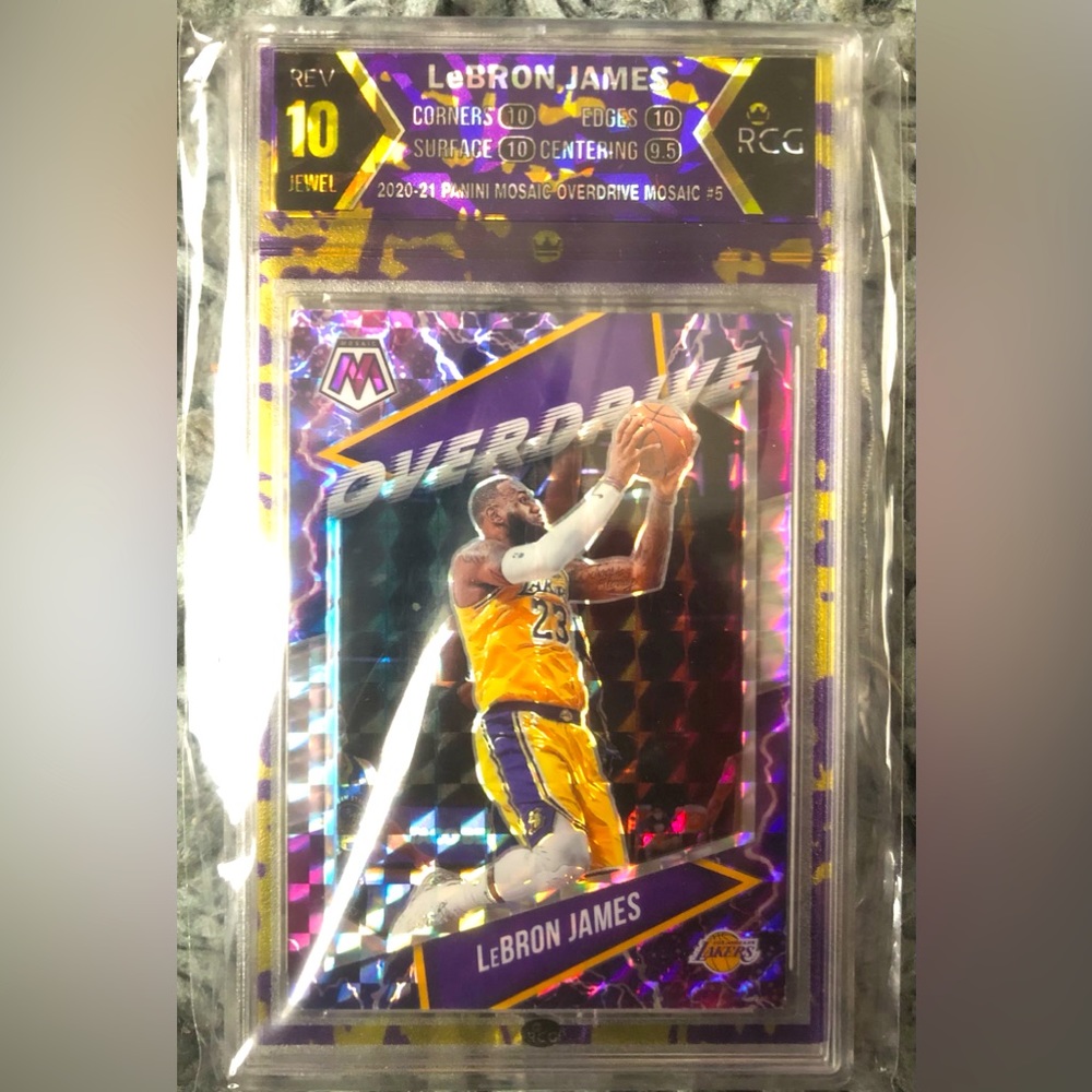 2021 Lebron James gem mint 10 purple gold mosaic prizm overdrive basketball card